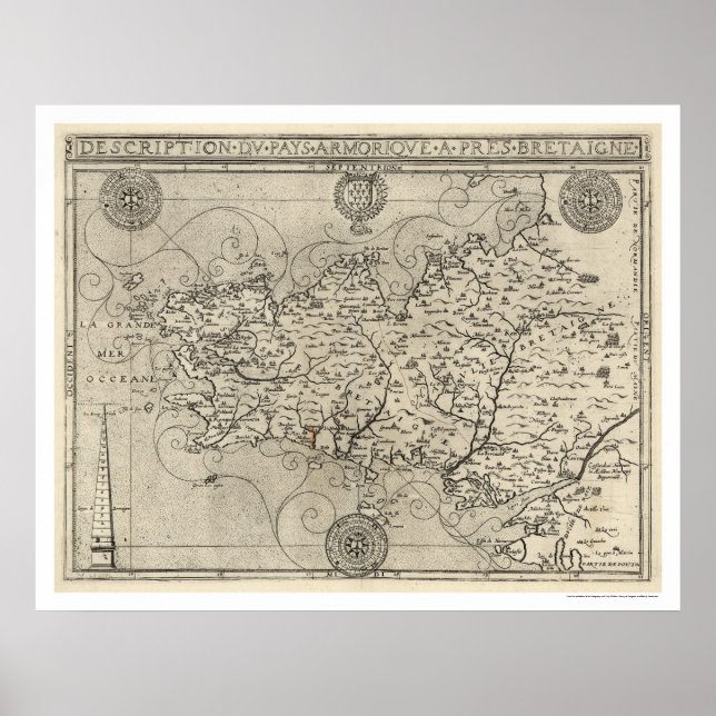 Poster Mapa da Bretanha e da França por Tavernier 1594 (Frente)