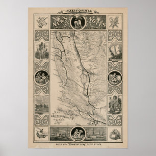 Poster Mapa da Califórnia em 1876