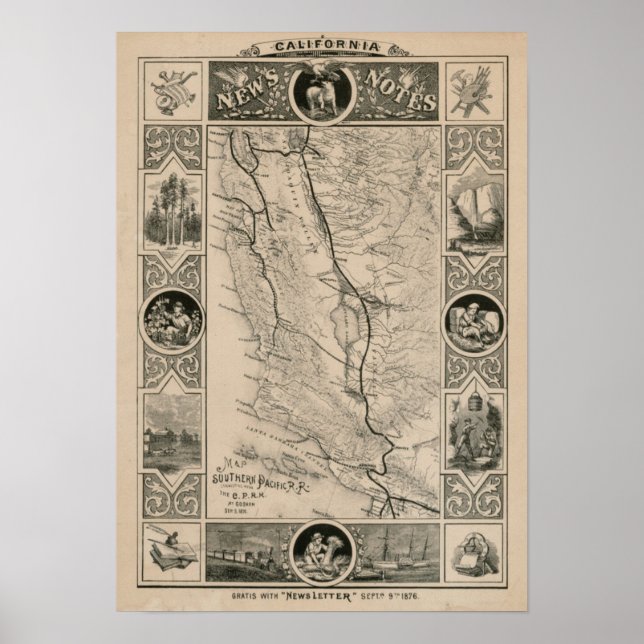 Poster Mapa da Califórnia em 1876 (Frente)