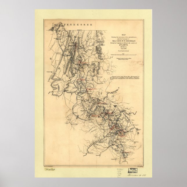 Poster Mapa da Campanha Atlanta para a Guerra Civil 1º de (Frente)