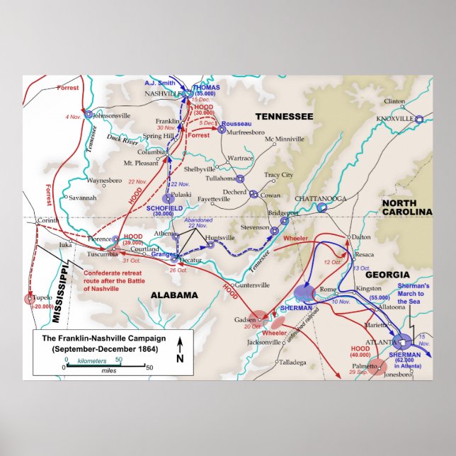Póster Mapa da Campanha Franklin Nashville para a Guerra  (Frente)