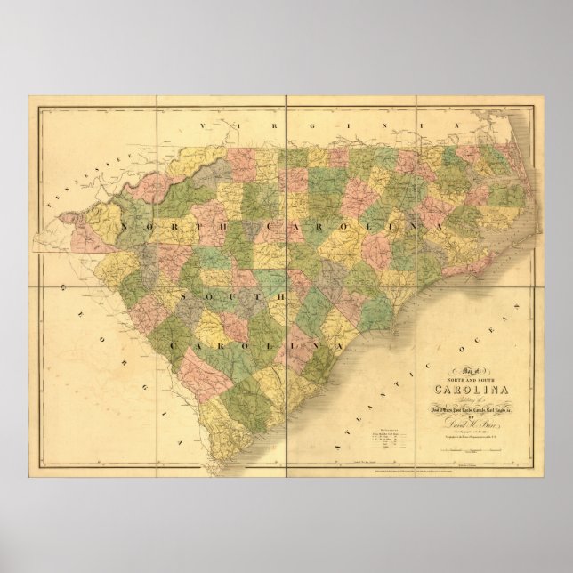 Póster Mapa da Carolina do Norte e da Carolina do Sul em  (Frente)