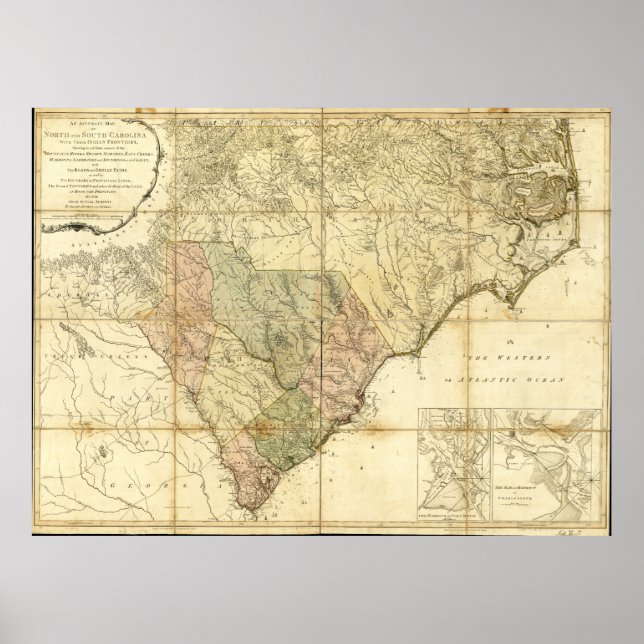 Póster Mapa da Carolina do Norte e do Sul (1775) (Frente)