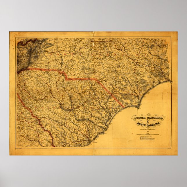Póster Mapa da Carolina do Norte e do Sul (1865) (Frente)