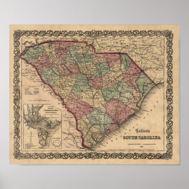 Poster Mapa da Carolina do Sul em 1865 (Frente)
