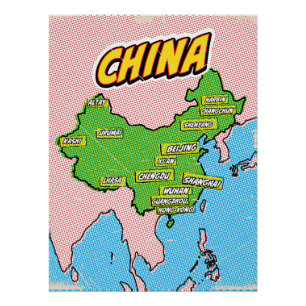 Póster Mapa da China ilustrado em Pop Art
