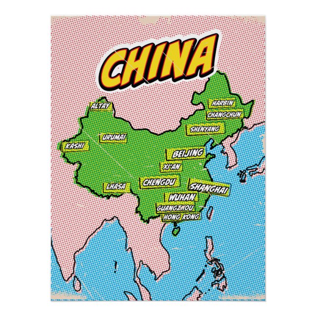 Póster Mapa da China ilustrado em Pop Art (Frente)
