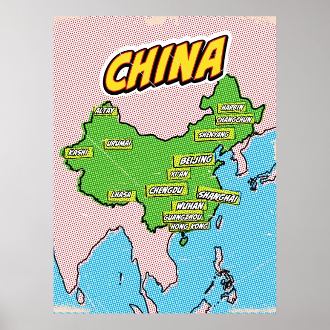 Poster Mapa da China ilustrado em Pop Art (Frente)