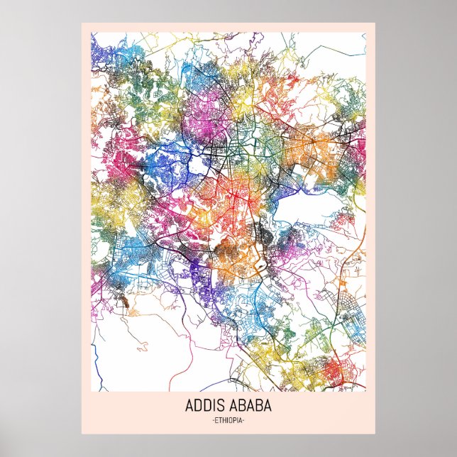 Poster Mapa da Cidade de Addis Ababa na Etiópia (Frente)