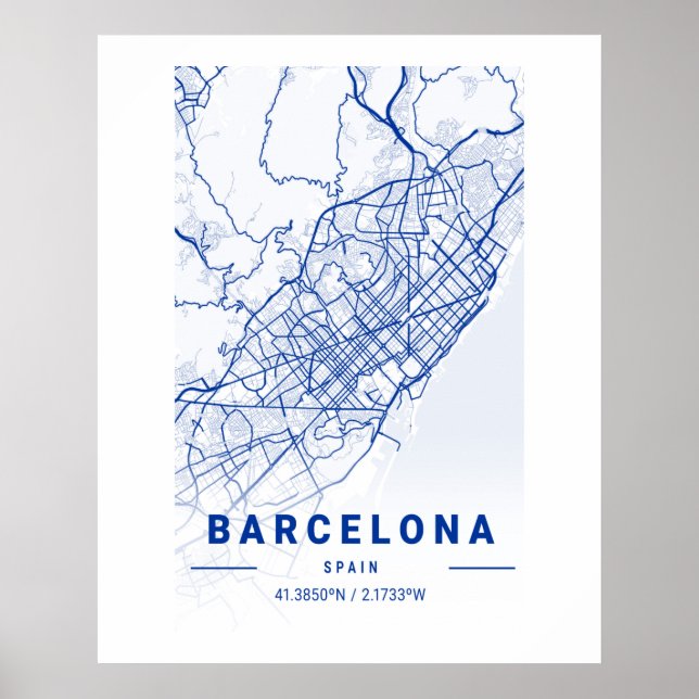 Poster Mapa da cidade de Barcelona Azul (Frente)
