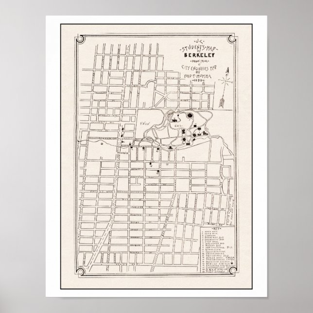 Poster Mapa da cidade de Berkeley, Califórnia, 1898 (Frente)