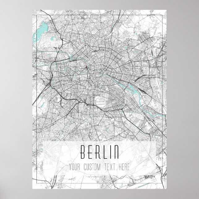 Poster Mapa da cidade de Berlim, Preto, Branco e Azul (Frente)