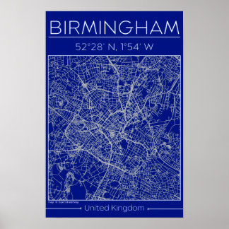 Poster Mapa da Cidade de Birmingham em Blueprint Minimali