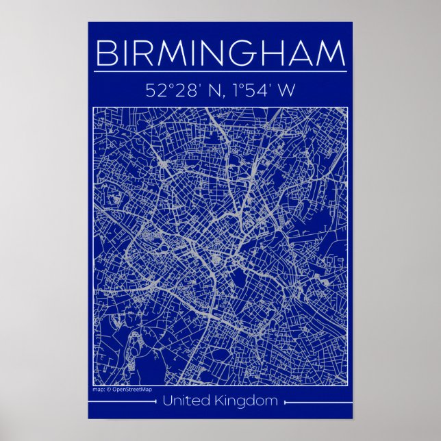 Poster Mapa da Cidade de Birmingham em Blueprint Minimali (Frente)