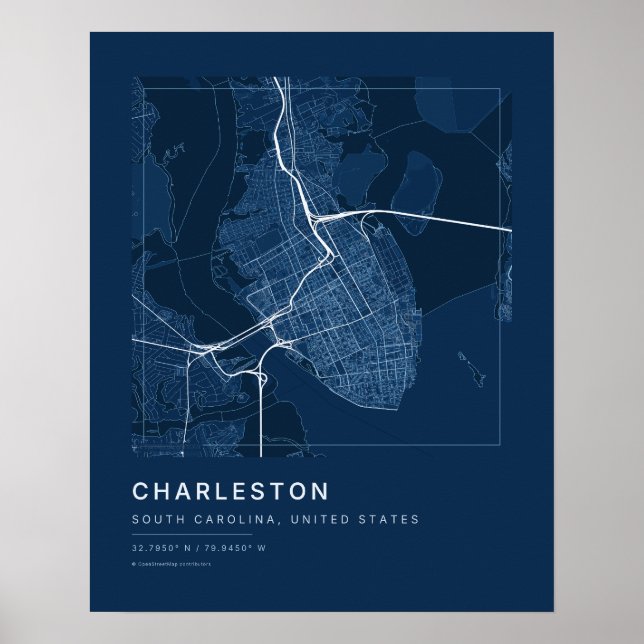 Poster Mapa da Cidade de Charleston SC em Azul Marinho Ar (Frente)