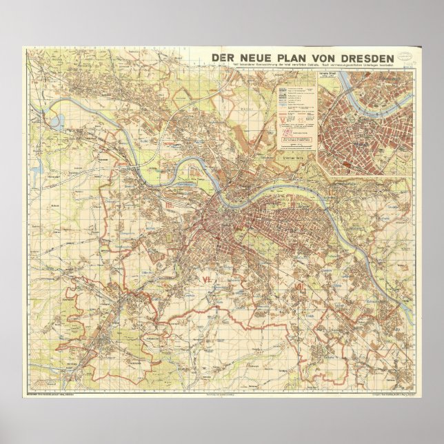 Poster Mapa da Cidade de Dresden de 1947, Desenho Urbano  (Frente)