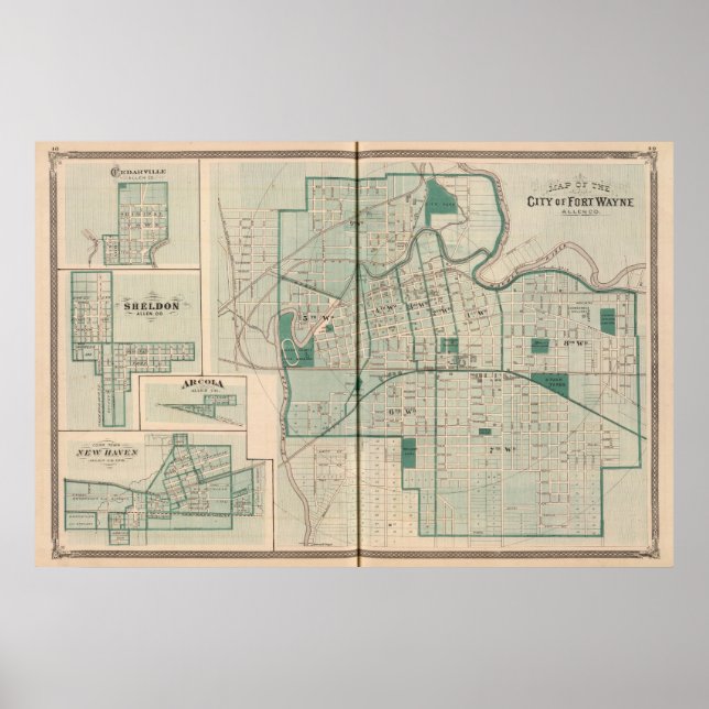 Poster Mapa da cidade de Fort Wayne com Cedarville (Frente)