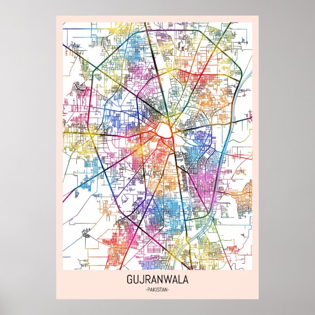 Poster Mapa da Cidade de Gujranwala Paquistão (Frente)