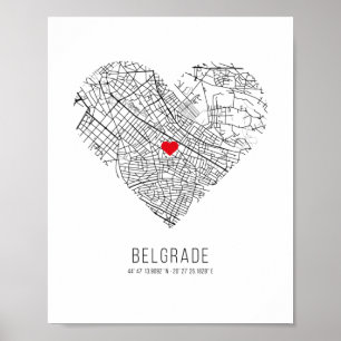 Poster Mapa da Cidade de Heart Belgrado (Sérvia)