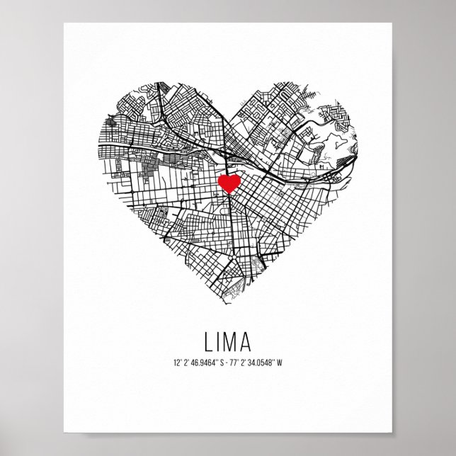 Poster Mapa da cidade de Heart Lima (Peru) (Frente)