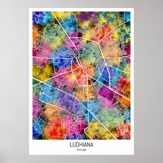 Poster Mapa da cidade de Ludhiana na Índia (Frente)