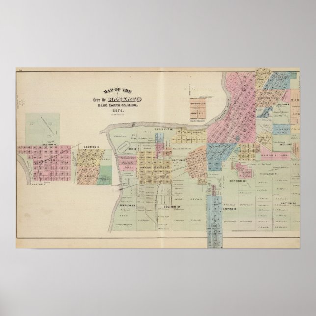 Póster Mapa da Cidade de Mankato, Minnesota (Frente)