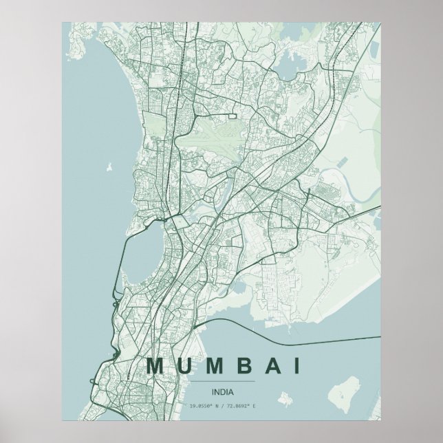 Poster Mapa da Cidade de Mumbai na Índia com Design Minim (Frente)
