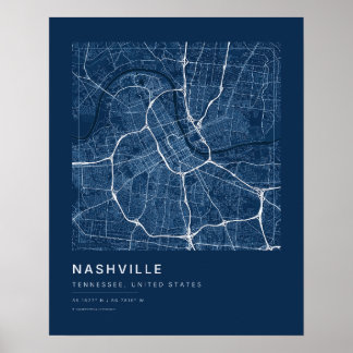 Poster Mapa da cidade de Nashville TN em azul marinho Art