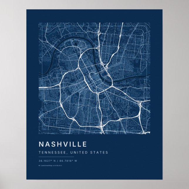 Poster Mapa da cidade de Nashville TN em azul marinho Art (Frente)