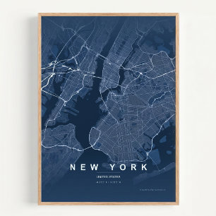 Poster Mapa da Cidade de Nova York Arte de Parede Azul NY