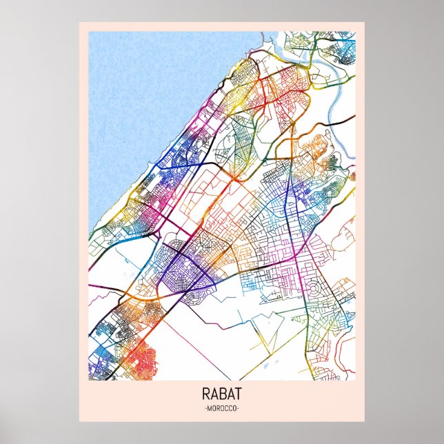 Poster Mapa da cidade de Rabat em Marrocos (Frente)