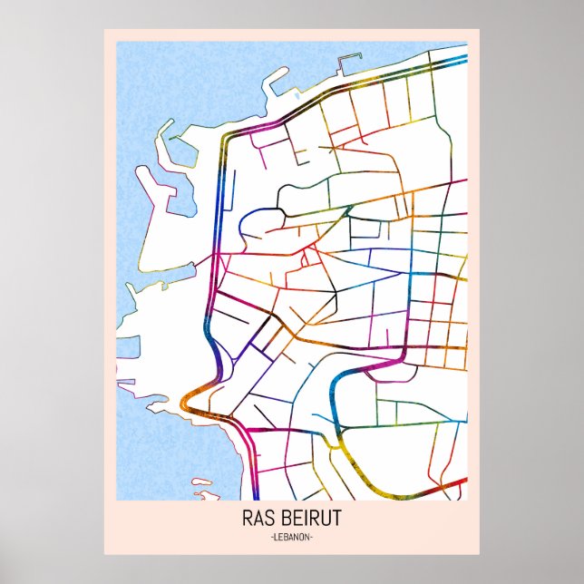 Poster Mapa da Cidade de Ras Beirute Líbano (Frente)