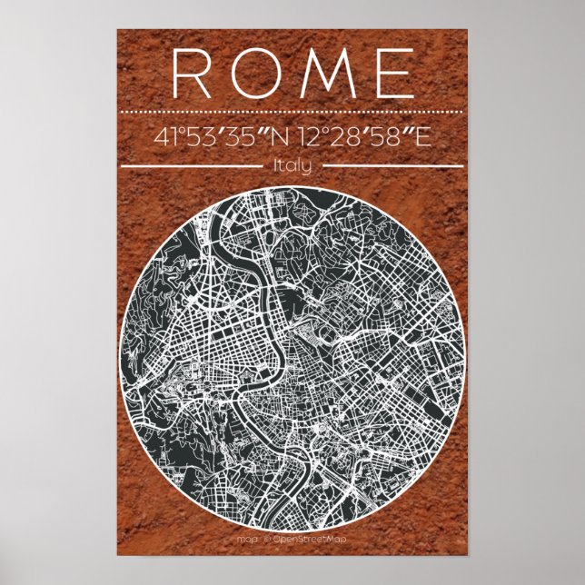 Poster Mapa da Cidade de Roma em Terracota Tom Terroso Mi (Frente)