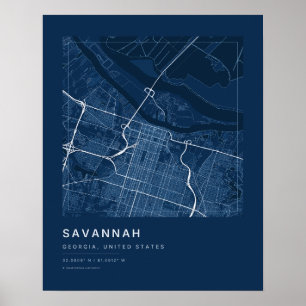 Poster Mapa da cidade de Savannah GA em azul marinho impr