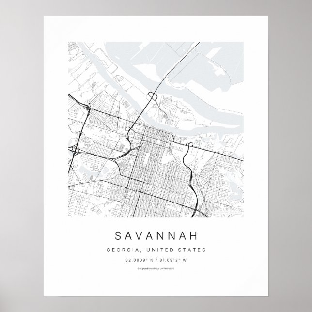 Poster Mapa da cidade de Savannah GA em estilo minimalist (Frente)