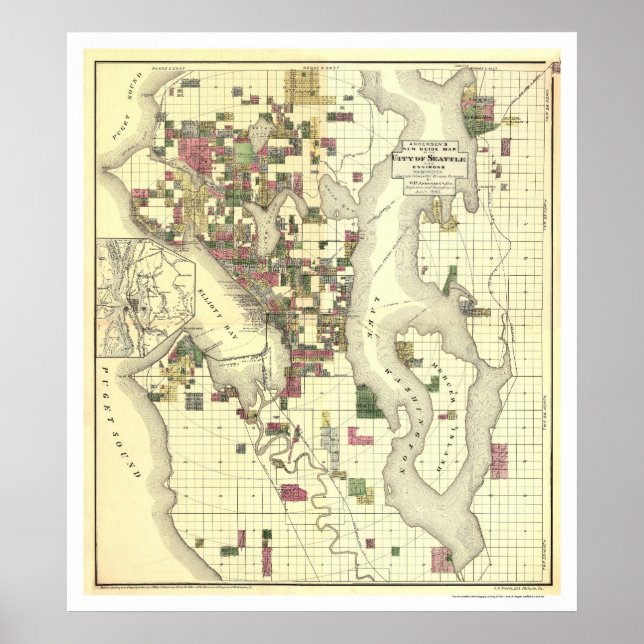 Póster Mapa da Cidade de Seattle 1890 (Frente)