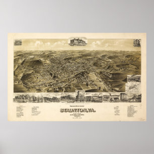 Póster Mapa da Cidade de Staunton, Virgínia (1891)