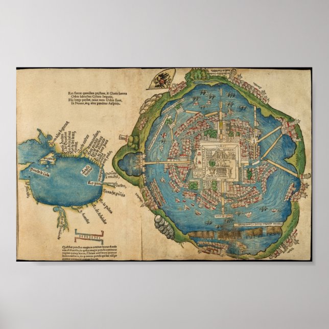 Poster Mapa da Cidade de Tenochtitlan, 1524 Hernan Cortes (Frente)