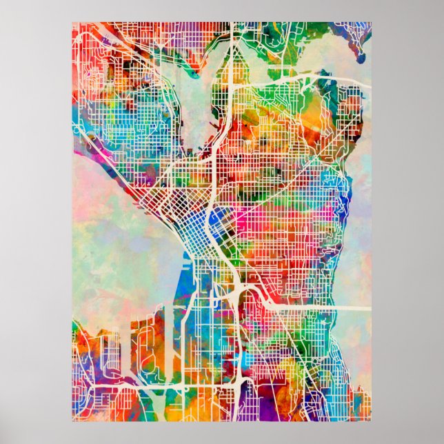 Poster Mapa da Cidade de Washington Street Seattle (Frente)