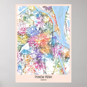 Poster Mapa da Cidade do Camboja em Phnom Penh