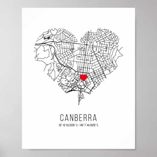 Poster Mapa da Cidade do Coração Canberra (Austrália) (Frente)