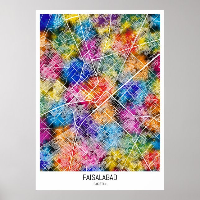 Poster Mapa da Cidade do Paquistão em Faisalabad (Frente)
