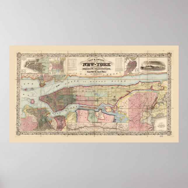 Poster Mapa da cidade e do condado de Nova Iorque (1857) (Frente)