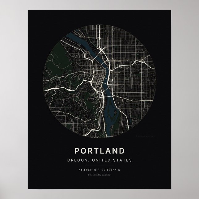 Poster Mapa da Cidade Preta de Portland OR Arte Impressa (Frente)