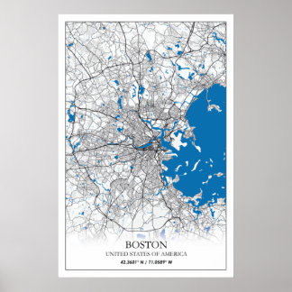 Poster Mapa da Cidade Viagem de Boston Massachusetts EUA