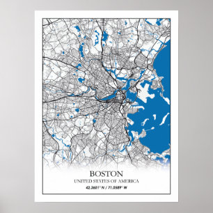 Poster Mapa da Cidade Viagem de Boston Massachusetts EUA