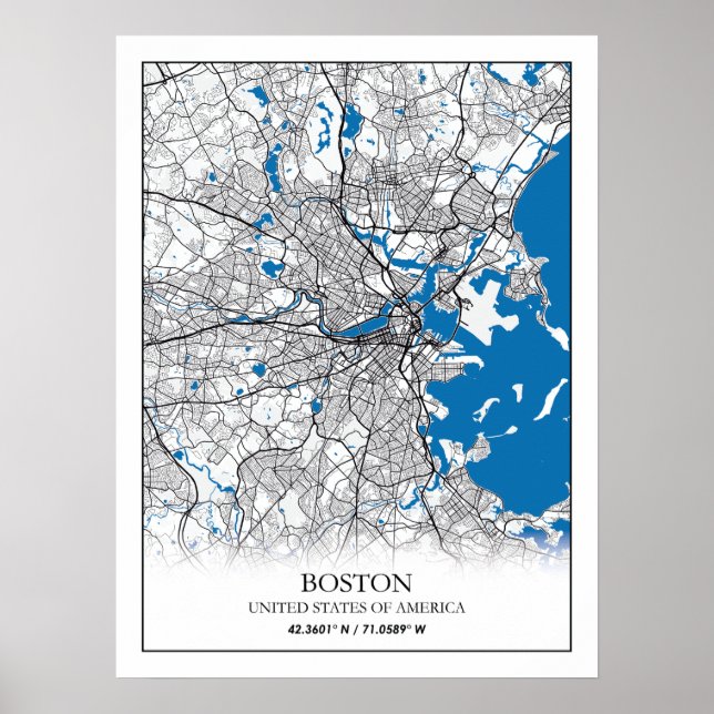 Poster Mapa da Cidade Viagem de Boston Massachusetts EUA (Frente)