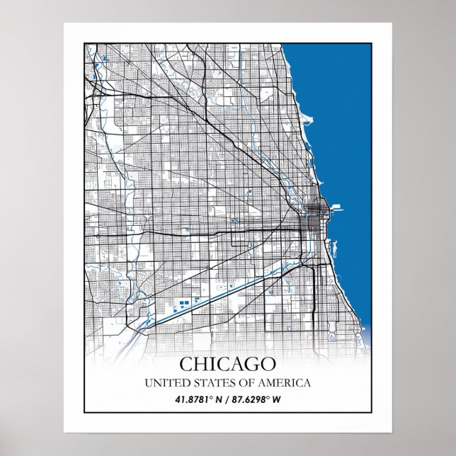 Poster Mapa da Cidade Viagem de Chicago Illinois EUA (Frente)