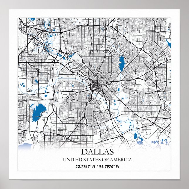 Poster Mapa da Cidade Viagem de Dallas Texas USA (Frente)