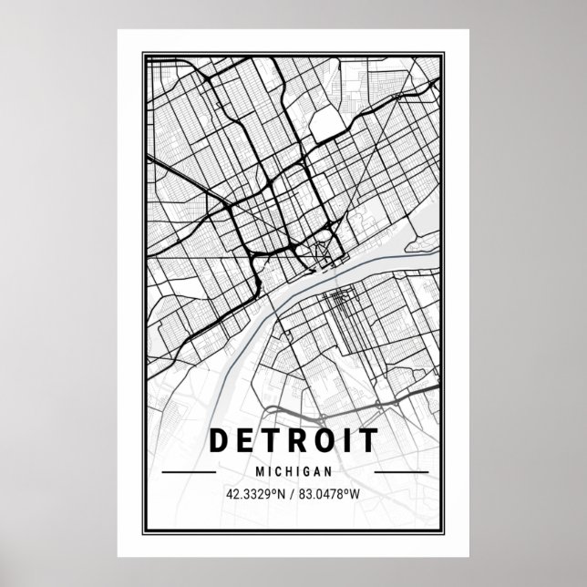 Poster Mapa da Cidade Viagem de Detroit Michigan (Frente)